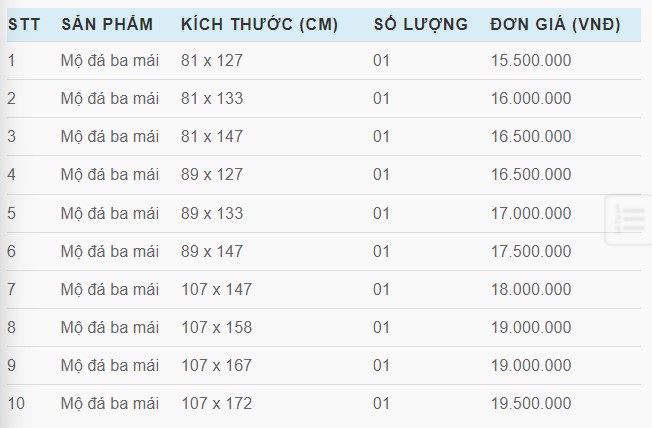 Bảng báo giá loại mộ ba mái