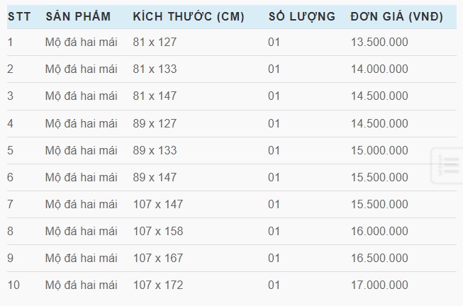 Bảng báo giá loại mộ hai mái