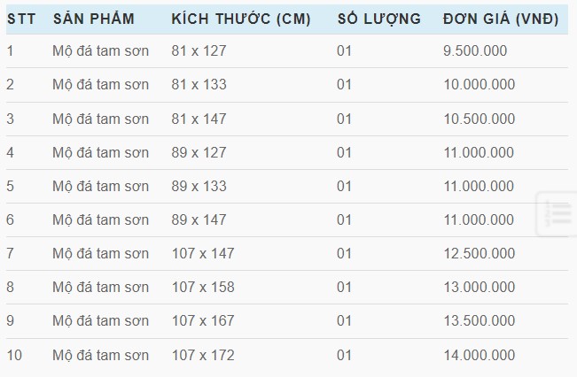 Bảng báo giá loại mộ không có mái