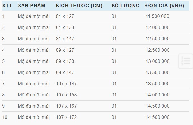 Bảng báo giá loại mộ một mái 