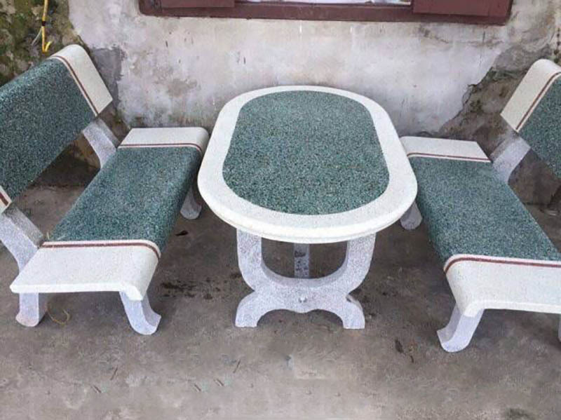 Mẫu bàn ghế đá granito bàn oval màu xanh viền trắng