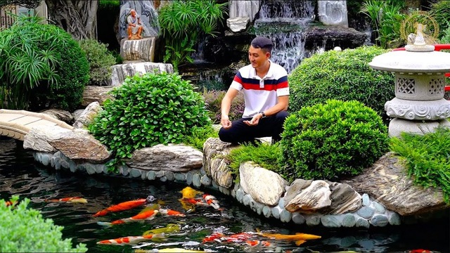 Đèn đá sân vườn kết hợp với hồ cá koi