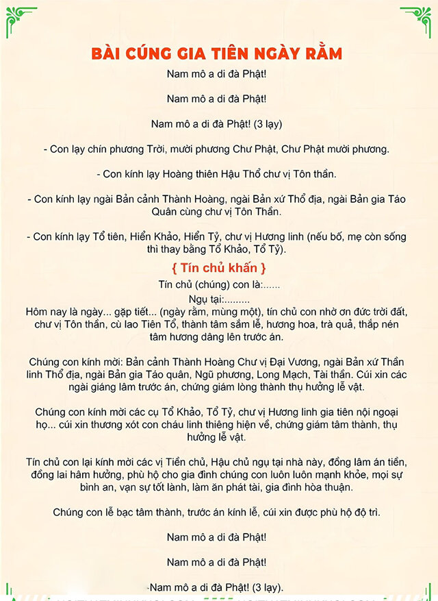 Mẫu văn khấn gia tiên ngày rằm và mùng 1