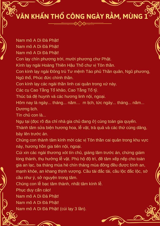 Mẫu văn khấn thổ công mùng 1 và rằm